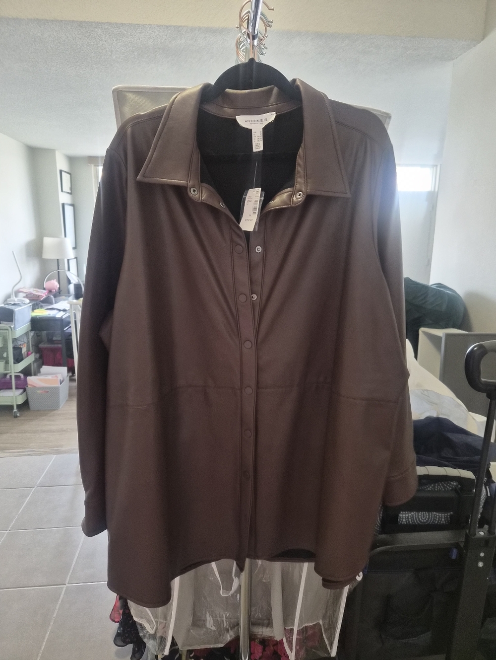 Addition Elle Brown Faux-Leather Button Front Jacket